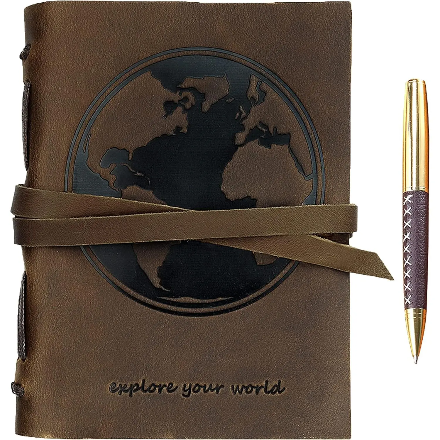 Leather Bound Journal for Men and Women, Handmade  Set with World Map Embossed Journal and Stylish Pen,  and Classic, Notebook, Sketchbook, Planner and Diary (300 Pages) (8x6")