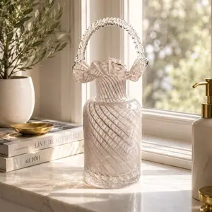 Blush Ruffle Glass Vase, Decorative Flower Vase for Home Tabletop Centerpieces