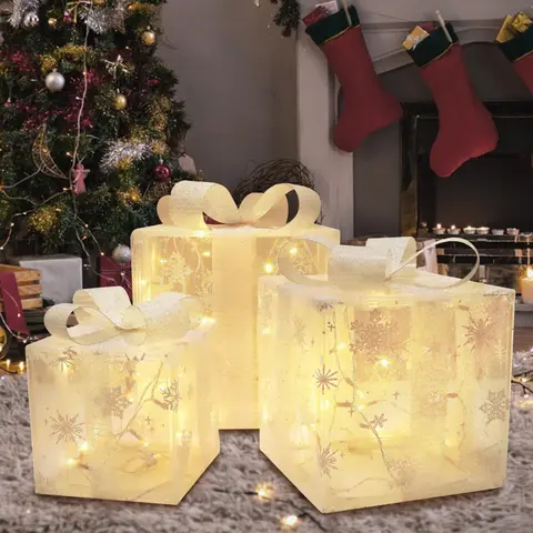 3-Piece Large Contemporary Square LED Lighted Gift Boxes Set - Warm Toned LED Christmas Lights, Removable Snowflake Decor, DIY Ornament for Holiday Christmas Tree & Home Yard Decoration