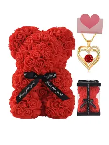 Rose Bear Gift Box Set, Includes Teddy Pendant Necklace, Realistic Rose Flowers, Greeting Card & Gift Bag, Perfect Birthday Jewelry Gift