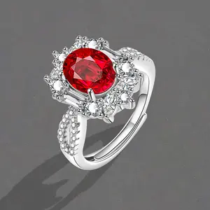 Women's 14 Karat White Gold Plated Ruby Halo Gemstone Engagement Ring - Large Carat, Simple Design, Open Size, Index Finger Jewelry for Anniversary, Commitment