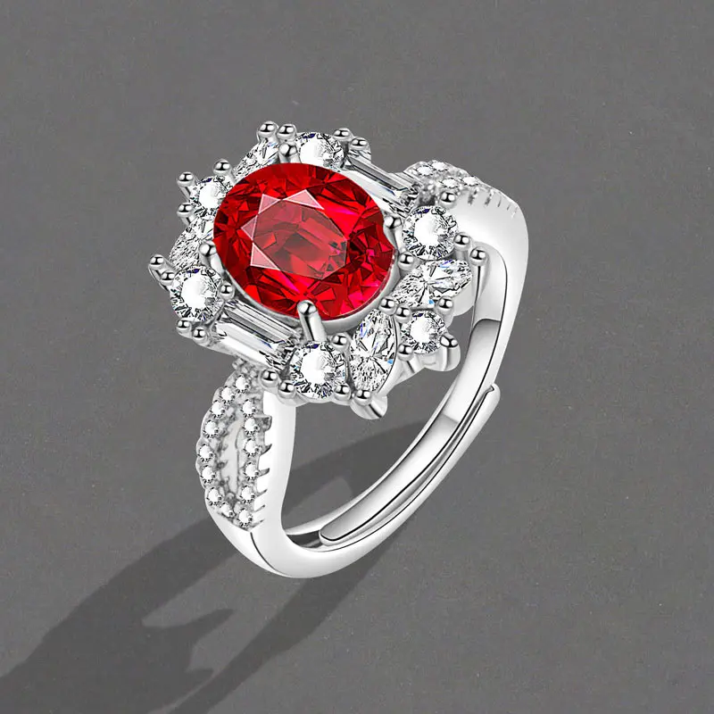 Women's 14 Karat White Gold Plated Ruby Halo Engagement Ring - Large Carat, Simple Design, Adjustable Opening, Female No-All-Seasons Index Finger Jewelry for Anniversary, Commitment, Sparkling, Commitments