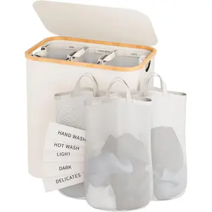 Laundry Hamper with Lid, 160L Dirty Clothes Hamper for Laundry Basket 3 Section,  Laundry Sorter Hamper 3 Compartment with Removable Inner Bags & Labels, Beige