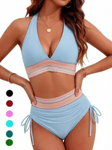 Luna&Lace Women 2-pieces Stylishmom High Waisted Bikini Sets, Tummy Control Swimsuit，with Adjustable Wide ShoulderStraps Color Block Drawstring Bathing Suit#SwimWeek #Summervibes, Colorblock Print Bikini, Swimwear Bikini