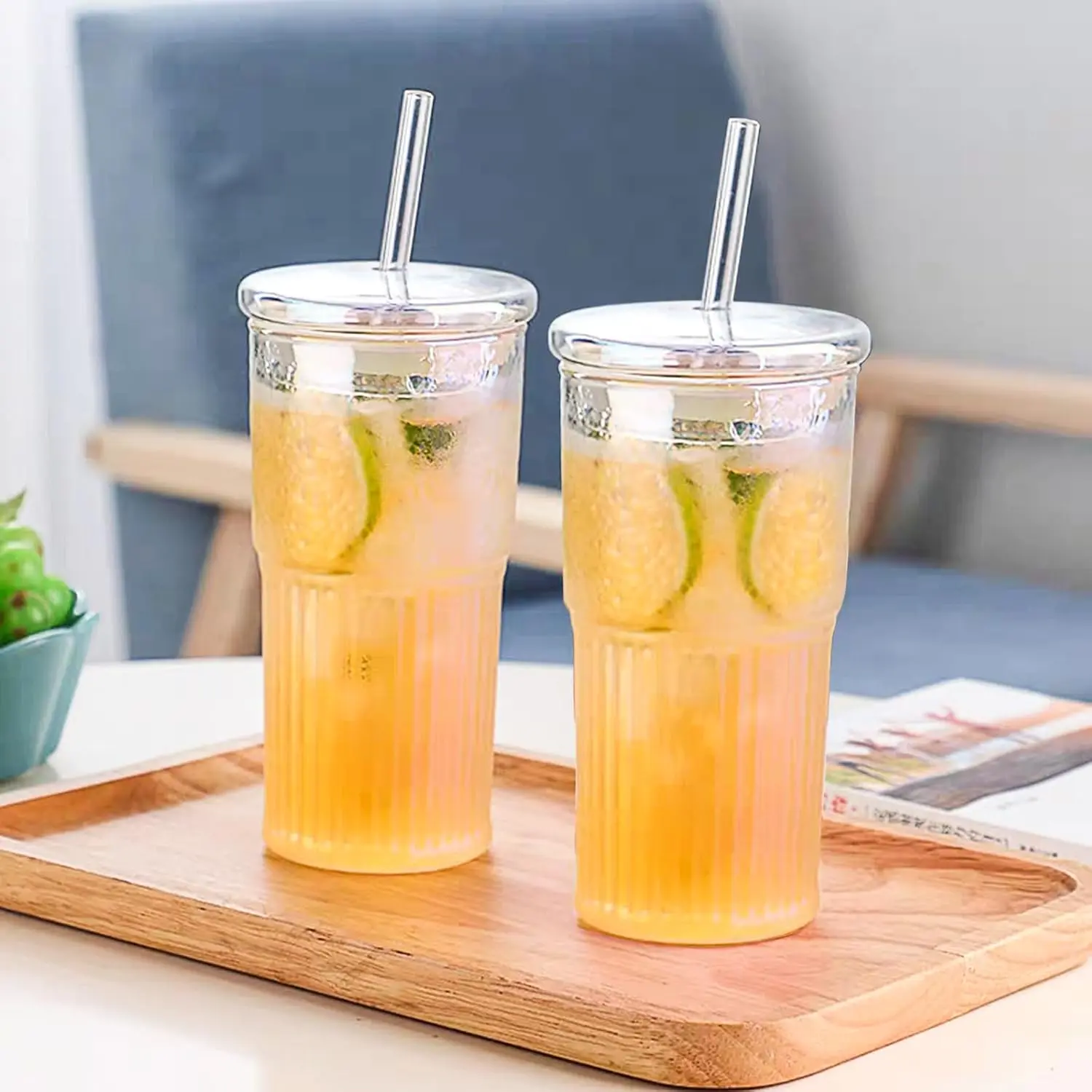 Glass Coffee Cups with Lids and Straws, 20 OZ Iced Water Glasses Tumblers for Ice Juice, Tea, Milk, Smoothie and Cold or Hot Drinks, Set of 2