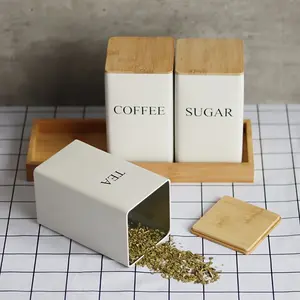 3Pcs TEA, COFFEE, SUGAR three combination sets storage box, spice jar, can store tea, coffee, fruit tea, candy, spices, seasonings, etc., kitchen storage set, equipped with bamboo cover-metal storage container