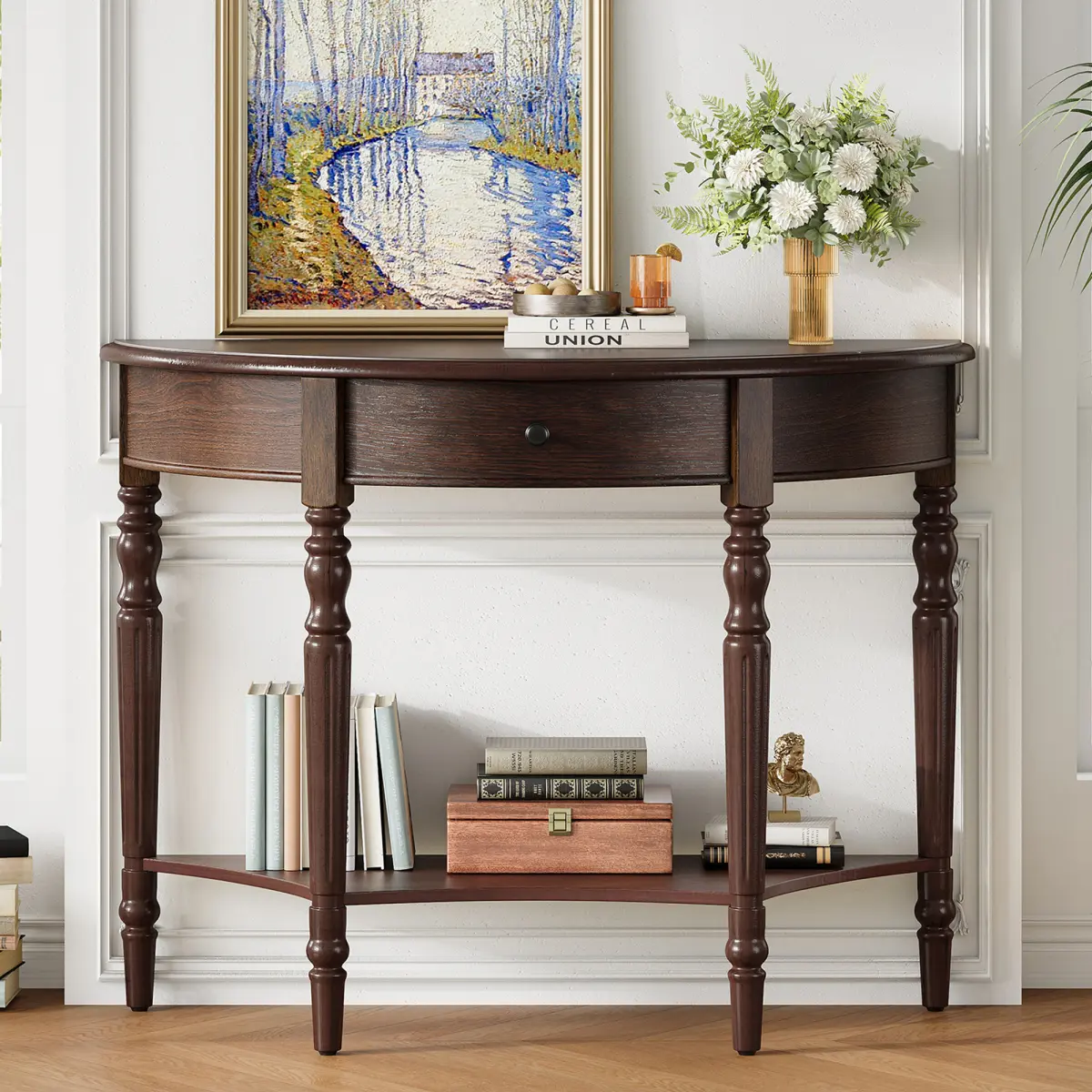 TREXM Farmhouse Half Moon Console Table with Drawer & Shelf - Rustic Accent Table, Sofa Table for Entryway, Living Room, Hallway and Foyer (Espresso)