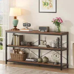 55" Console Table Behind Couch, Industrial 3 Tier Sofa Tables with Wide Storage Shelf, Hallway Entryway Table for Living Room, Rustic Brown