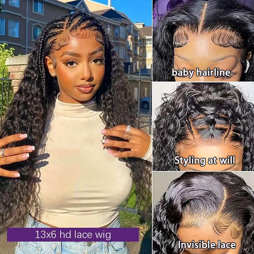MYLOCKME Hair 180 Density 13x6 Water Wave Pre Plucked HD Transparent Lace Front Human Hair Wig 180% Water Wave Lace Wig 13x4 Deep Wave Curly Wigs For Women