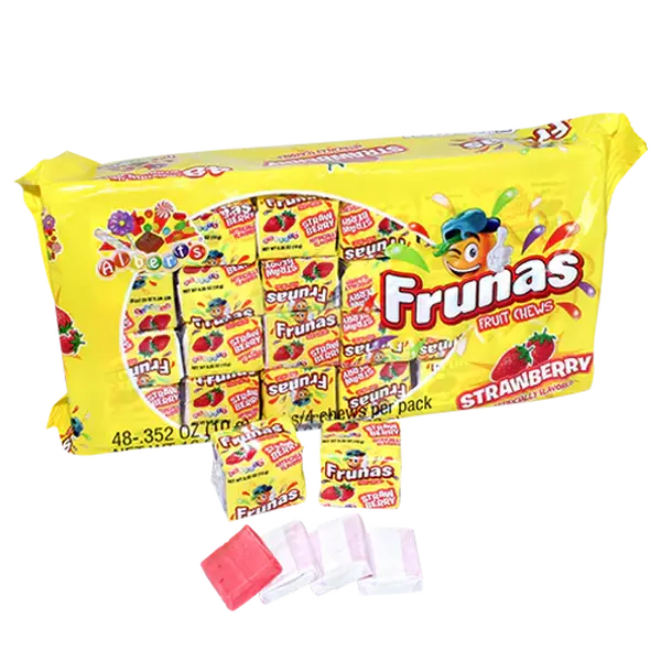 Frunas Fruit Chews Strawberry 48 ct. - Sweet Soft and Chewy Taffy with Strawberry Flavor - 48 Count Pack Snack Candy Bonbon Bite