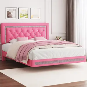 【Floating】TryLazy Floating Bed Frame with LED Lights Upholstered Modern Platform Bed Diamond Tufted Headboard Noise Free Comfort