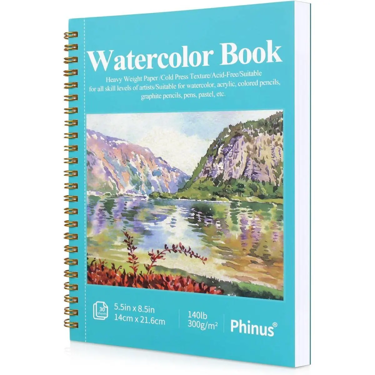 30 Sheets Watercolor Sketchbook 5.5 x 8.5 Inch, Watercolor Paper Cold Press (140lb/300gsm), Spiral Bound Water Color Pad for Adults Kids, Mixed Media, Markers and Art Journaling