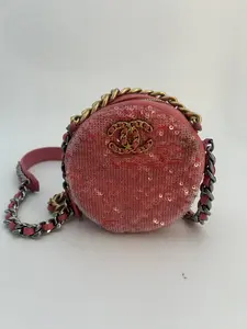 Pre-owned CHANEL sequin Shoulder Bags c/ 19 Round Clutch with Chain Leather and Sequins Pink