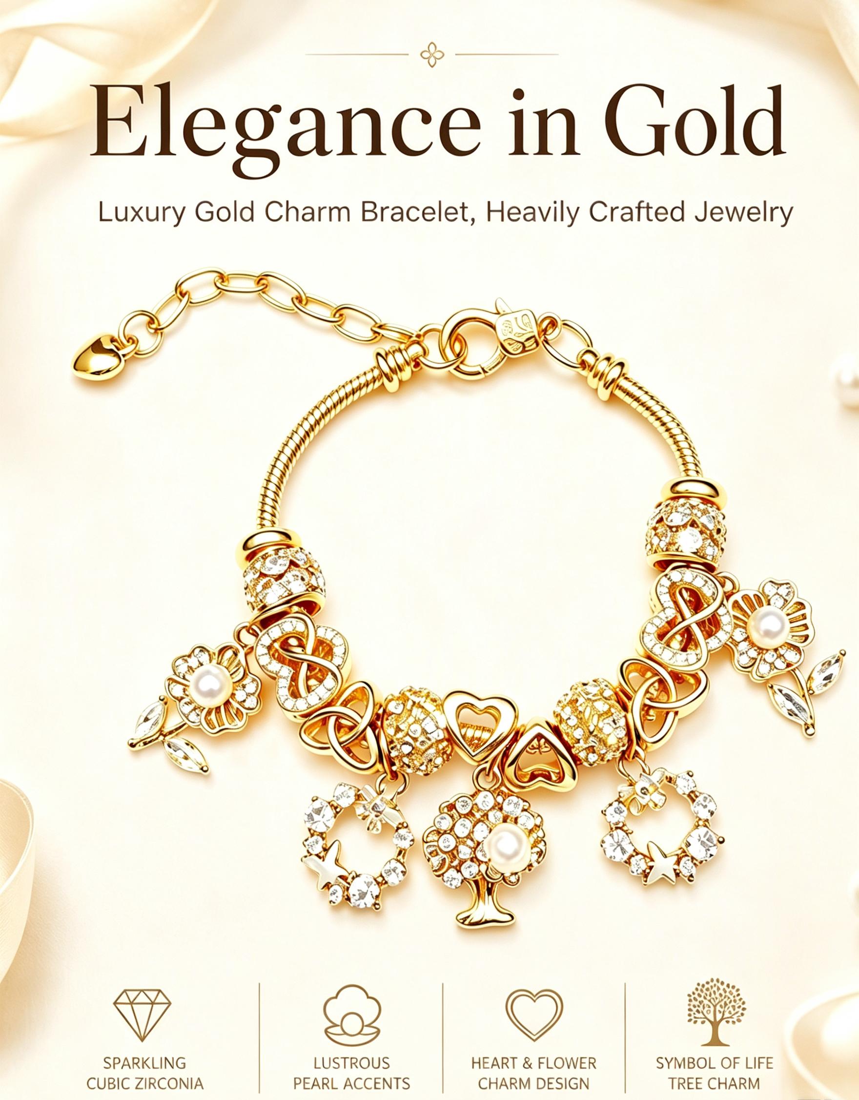 Gold-Tone Charm Bracelet for Women, Exquisitely Crafted Snake Chain Bracelet with Tree of Life, Flower, Heart, Pearl & Cubic Zirconia Charms, Adjustable