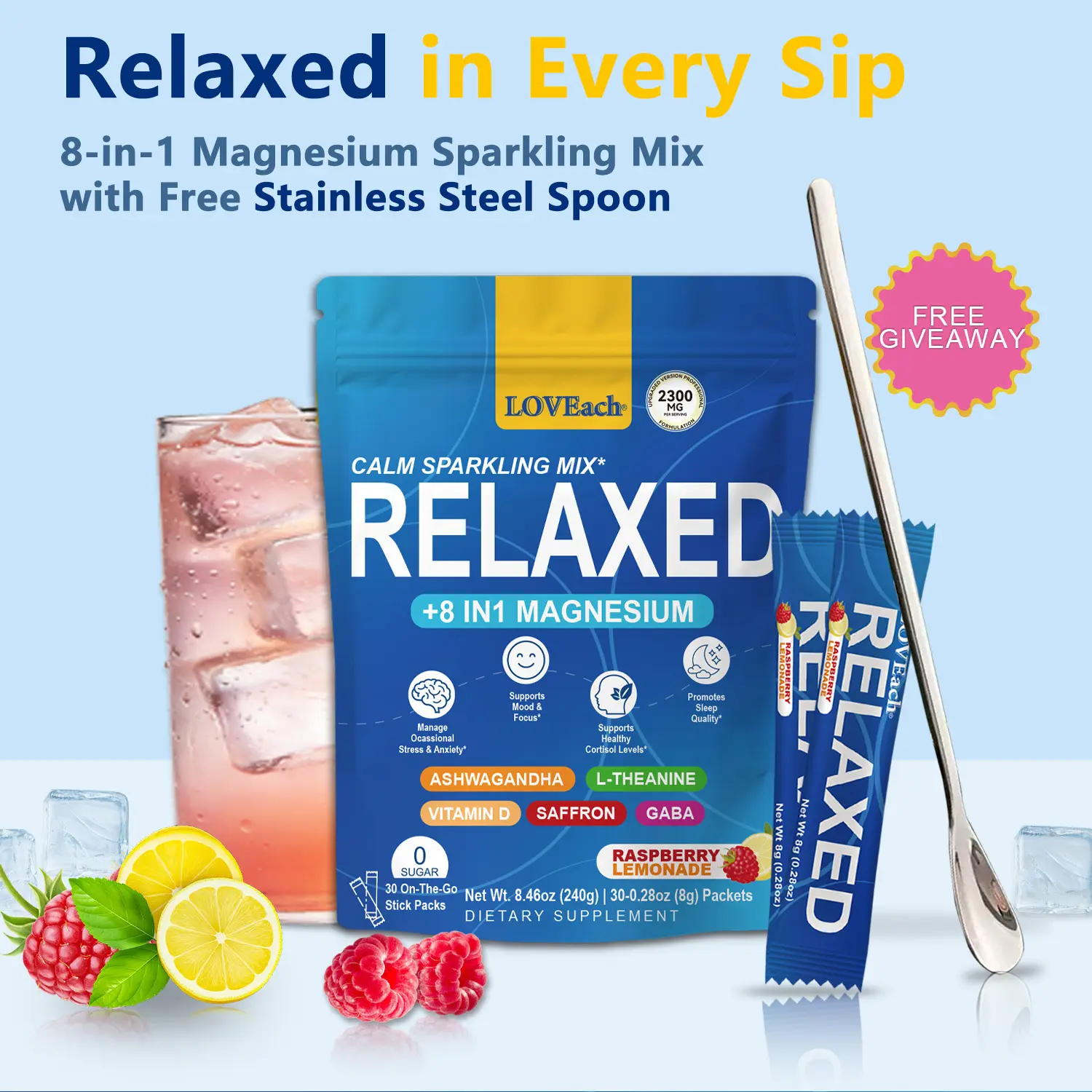 MagicRelaxed Calming Sparkling Mix - 8-in-1 Magnesium Complex, KSM-66 Ashwagandha, Saffron, Vitamin D3, GABA, L-Theanine - Supports Cortisol Balance, Mood, Sleep - 30 Servings, Raspberry Lemonade Flavor, GMO Free, No Sugar, Natural, Free Mixing Spoon, Sug