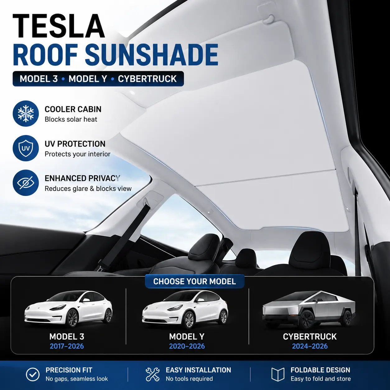 Tesla Roof Sunshade UV Protection Heat Insulation Glass Roof Shade (2017–2026)