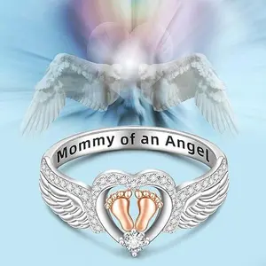 Angel Wing Heart Footprint Ring, Sterling Silver Mommy of an Angel Memorial Jewelry, Sentimental Remembrance Ring for Mom and Women, Precious Memory Gift for Birthday, Christmas, Holiday or Angel Baby Remembrance