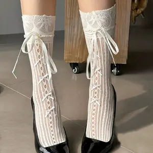 1 Pair Women's Elegant Lace Trim Thigh Socks - Bow Detail Striped Design, 95% Polyester 5% Spandex, Machine Washable, Suitable for Mary Jane and Loafers - Spring/Summer Fashion Style, Lace Socks, Comfortable Fit