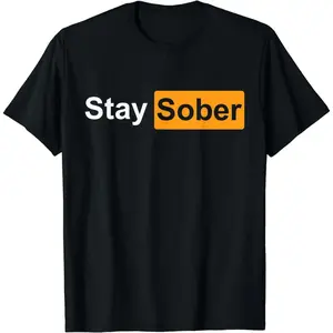 Minimalist Style Casual Cotton Short Sleeve Letter Print Stay Sober T-Shirt for Men Black Fabric Menswear