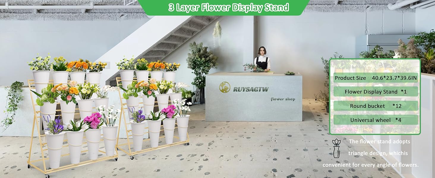 3-Tier Multi-Layered Metal Rolling Flower Cart with 12 Buckets, Wheels-Brakes, Mounting Kit, 30 kg/66.14 lb Capacity, Event Decorations Display Stand for Flower Shops, Home Garden