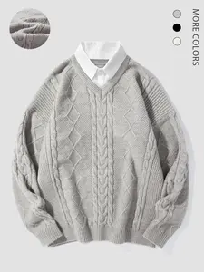 Men's Solid 2 in 1 Button Front Cable Knit Sweater, Regular Fit Casual Drop Shoulder Long Sleeve Jumper for Fall & Winter, Men's Knitwear Tops for Daily Wear