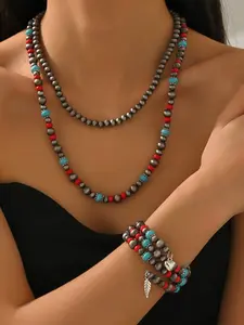 Boho Beaded Bracelet Necklace Set, Colorful Matching Jewelry Set with Heart Feather Pendant Design, Elegant All Season Accessory, Trendy Jewelry Set