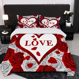 3-piece romantic Valentine's Day love Decorative bedding set, including 1 duvet cover and 2 pillowcases (unfilled) made of polyester material, comfortable all year round