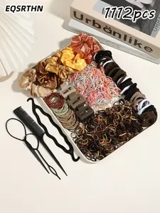 1112pcs brown yellow mixed hair ring hairpin set, autumn and winter warm brown orange hair accessories set, large intestine hair ring square hairpin hairpin hairline comb, ladies daily hair binding commuter modeling practical multi-piece hair accessories