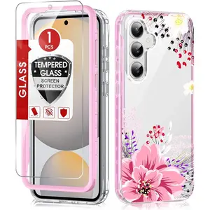 S24-FE-Samsung-Phone-Case for Women Girl: with Exquisite Floral Pattern and Screen Protector, Dual Layer Full Body Protective Rugged Shockproof Android Galaxy 24 FE Phone Case Cover Accessories Protection Handheld Smartphone Casing Cellphone