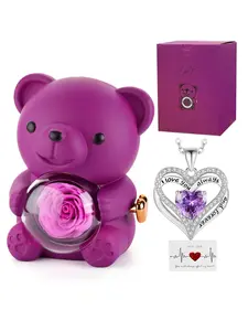 Romantic Teddy Bear Rotating Gift Box with Eternal Roses and Engraved Heart Necklace, Elegant Rose Gift for Women, Perfect for Valentine's Day, Birthdays, Christmas, Anniversaries