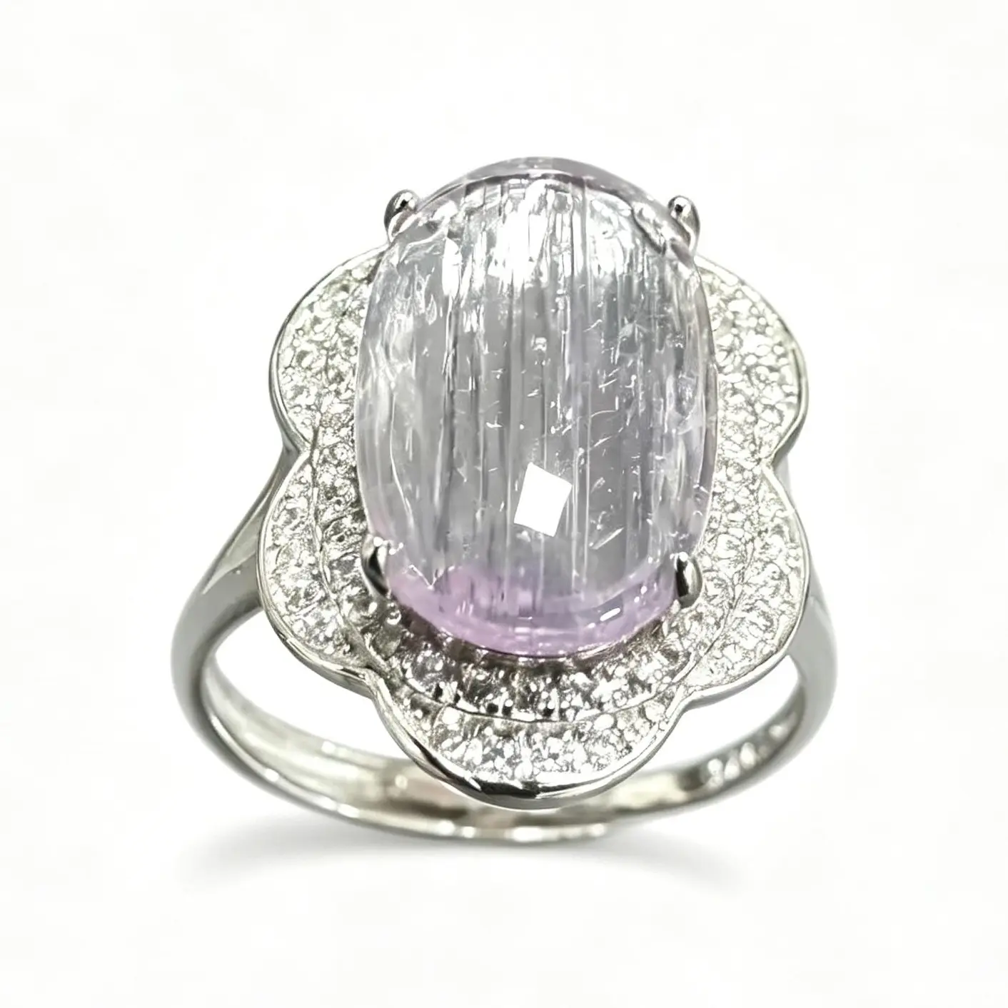 Natural Kunzite 925 Silver Adjustable Oval Cabochon Ring for Adults - 16×10mm Floral-Inspired Halo Statement Piece, Fits Most Ring Sizes, Calming Energy & Dreamy Appearance, Elegant Design