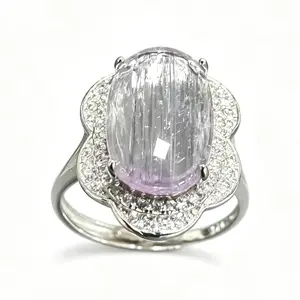 Natural Kunzite 925 Silver Adjustable Ring | Floral Halo Statement
