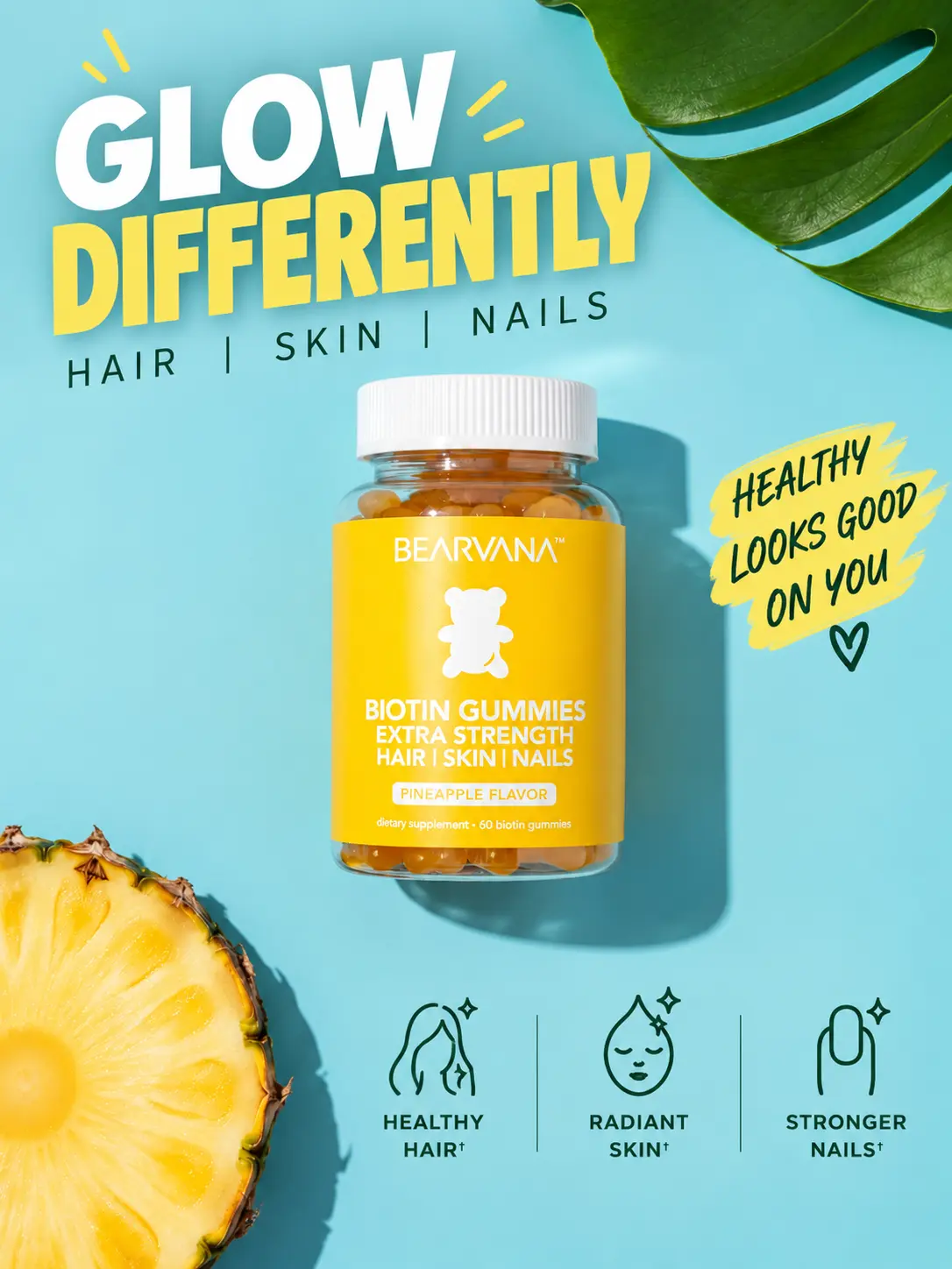 BEARVANA Biotin Beauty Gummies | Hair, Skin & Nails Support | Vitamins C, E, B6 & B12 | Pineapple Flavor | Your Daily Beauty Gummies | 1-Month Supply | 60 Gummies
