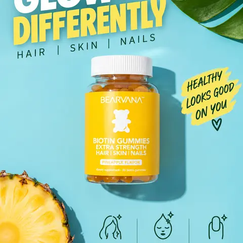 BEARVANA Biotin Beauty Gummies | Hair, Skin & Nails Support | Vitamins C, E, B6 & B12 | Pineapple Flavor | Your Daily Beauty Gummies | 1-Month Supply | 60 Gummies