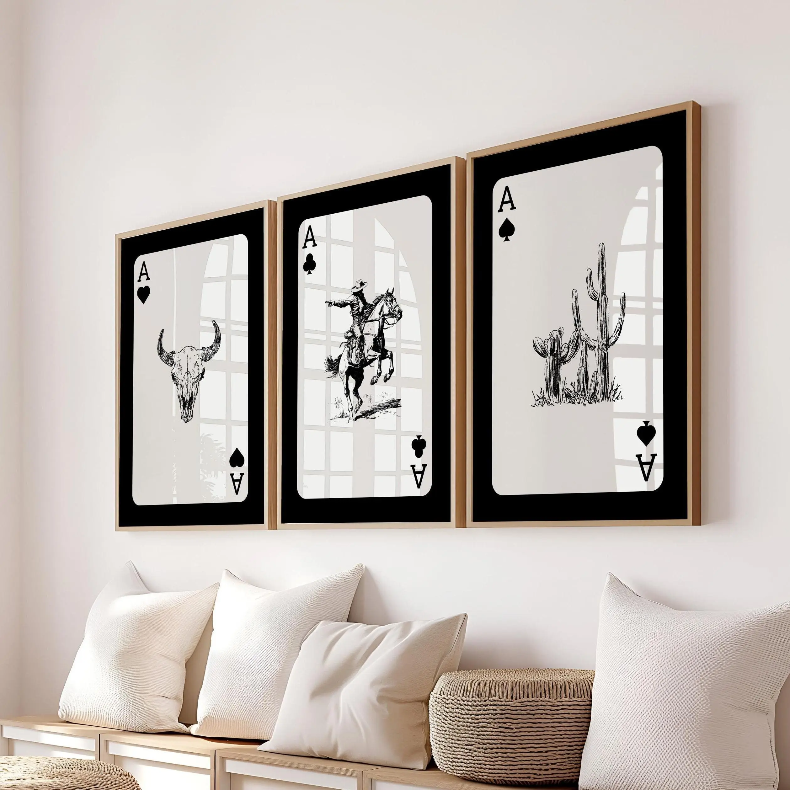 Set of 3 Cowboy Print Playing Card Inspired Print, Trendy Western wall Art, Longhorn Bull Skull Southwestern poster, Black & White Cowgirl Room Decor