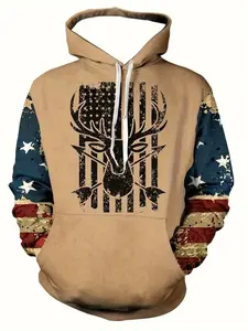 Men's Patriotic American Flag Deer Hunting Graphic Print Hoodie, Casual Long Sleeve Pullover, Outdoor Sports Apparel