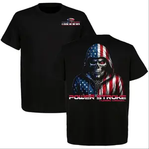 Ford Power Stroke Skull T-Shirt, Patriotic American Flag Graphic Tee, Heavy Duty Truck Lover Gift for Men, Diesel Enthusiast Streetwear