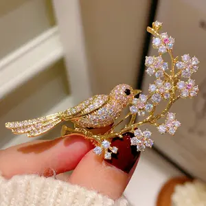 Women's Gold-Tone CZ Pave Crystal Bird & Cherry Blossom Brooch, Elegant Accessory, Artificial Gemstone Floral Lapel Pin, Suitable for Coats/Shawls, Gift for Mom Anniversary Wedding