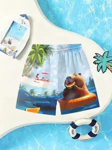 Men's Fashionable Beach Pants, All-Season Fitted Swimwear, Short Casual Style, Featuring 3D Printed Capybara Eating Watermelon Design