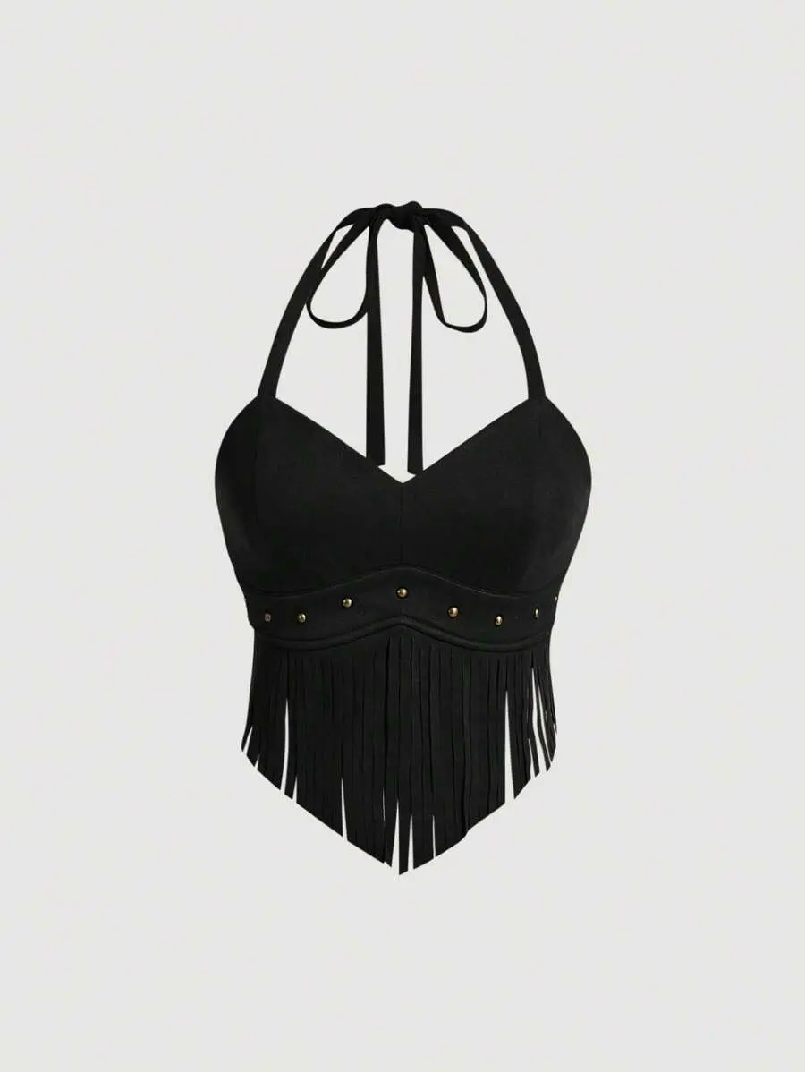 Summer Vintage Suede Halter Neck Top With Tassel Fringe Decoration