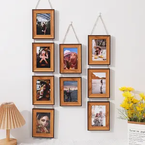 1pcs Plastic Photo Frame for 4x6 Inch Photos, Hemp Rope Hanging Frame, Vertical Combination Wall Decor, Birthday Party Gift, Living Room Art Frame, Home Decoration