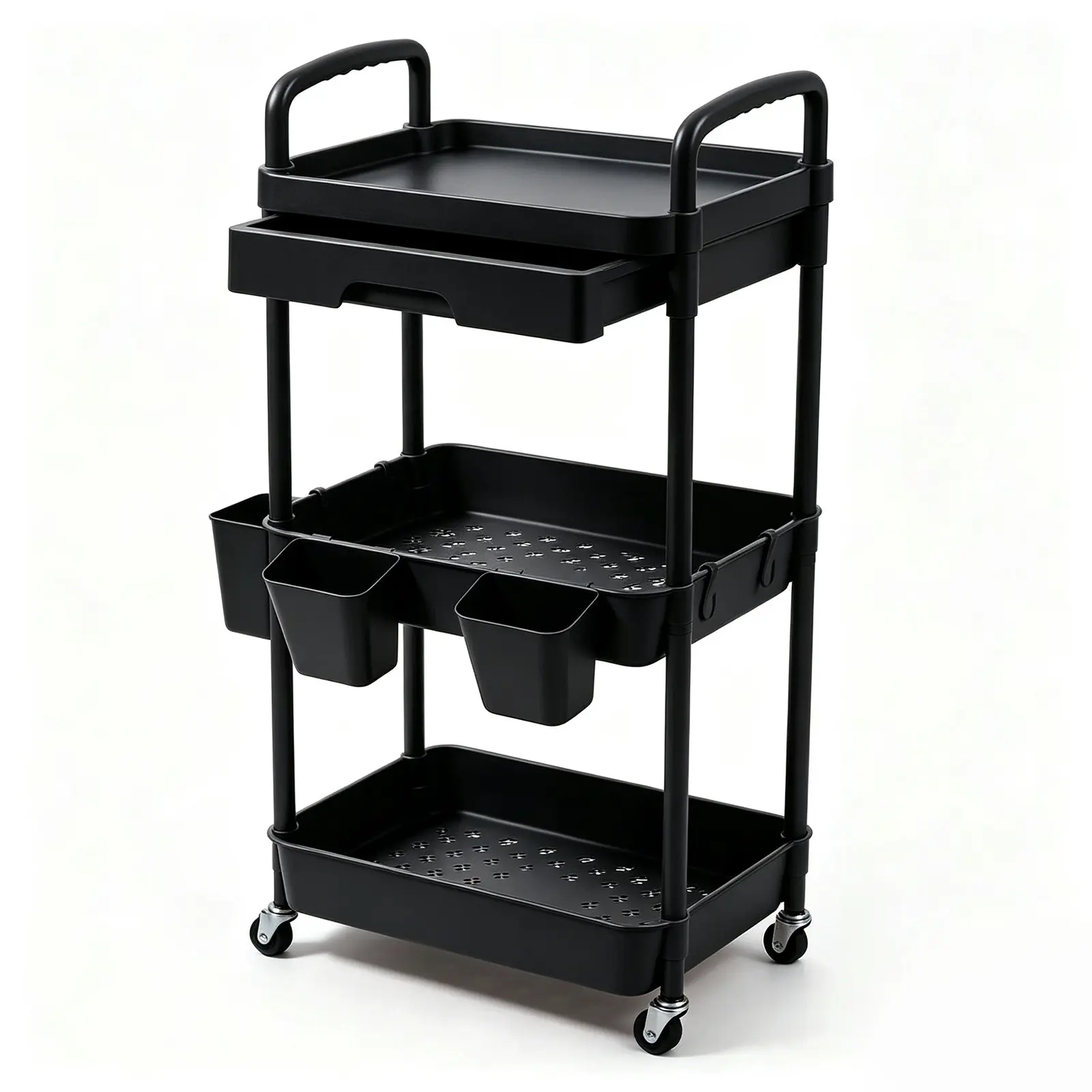 3 Tier Rolling Utility Cart, Plastic Storage Organizer Rolling Carts with Wheels Handles Hanging Cups Hooks for Office, Bathroom, Kitchen,Craft Art Room (Black/Pink)