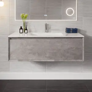 Aurora 48 in. Concrete Gray Wall Mount Single Sink Bath Vanity with Carrara Quartz Top and Undermount Porcelain Sink