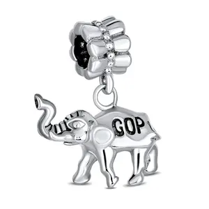 Sterling Silver USA Patriotic Political Party Republican Elephant Dangle Charm Bead for Bracelet