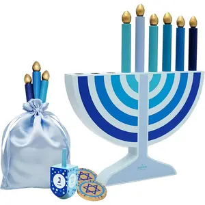 Mini Blue Hanukkah Menorah, 5" Inch Children Wooden Chanukah Menorah Set with Removable Wooden Candles, 3" Inch Dreidel, and Gelt Coins