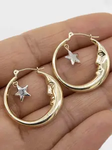 Vintage Star Fringe Pendant Moon Round Hoop Earrings, Simple Design Women's Unique Daily Party Versatile Creative Ear Rings