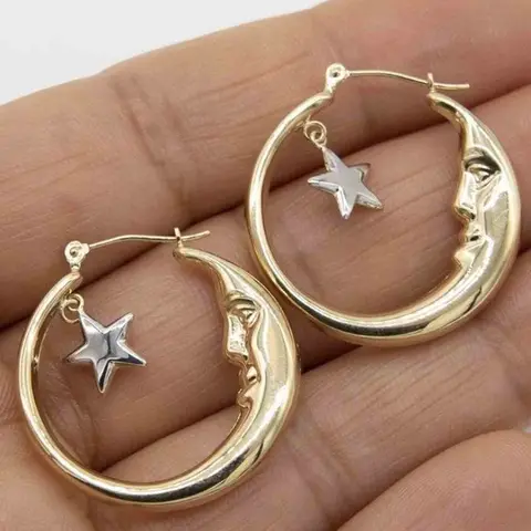 Vintage Star and Moon Fringe Pendant Round Hoop Earrings, Women's Simple Design Earrings Hoops, Versatile Creative Jewelry for Daily and Party Wear