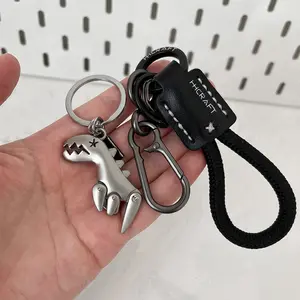 Leather Woven Motorcycle Keychain, Dinosaur Aluminum Alloy Car Key Ring with Sandblasted Finish, Eight Character Buckle & D Ring for Handbag Pendant, Small Gift