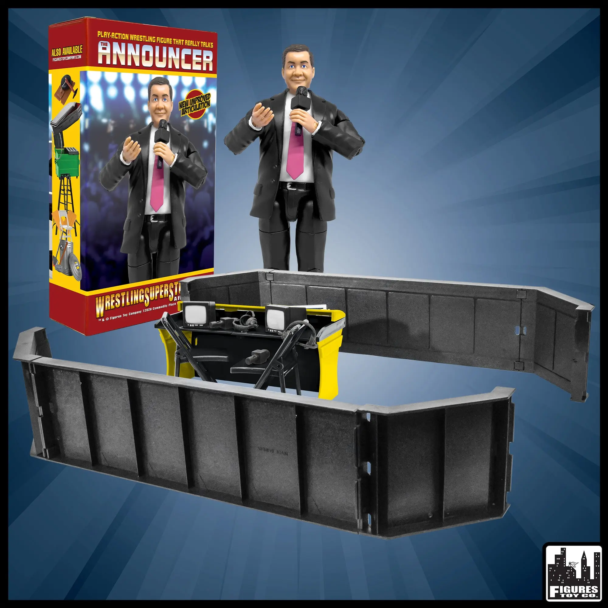 Talking Wrestling Ring Announcer's Barricade Accessory Set for WWE & AEW Wrestling Action Figures