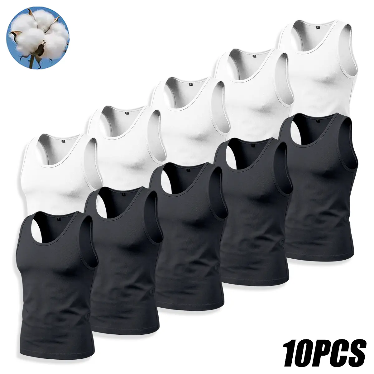 10 Pack Mens Basic Sleeveless Tank Shirts, 92 Cotton 8 Spandex Elastic Undershirt, Multi Color Bulk Pack, Lightweight Soft Base Layer Tops for Home, Sleeping, Everyday Casual Wear